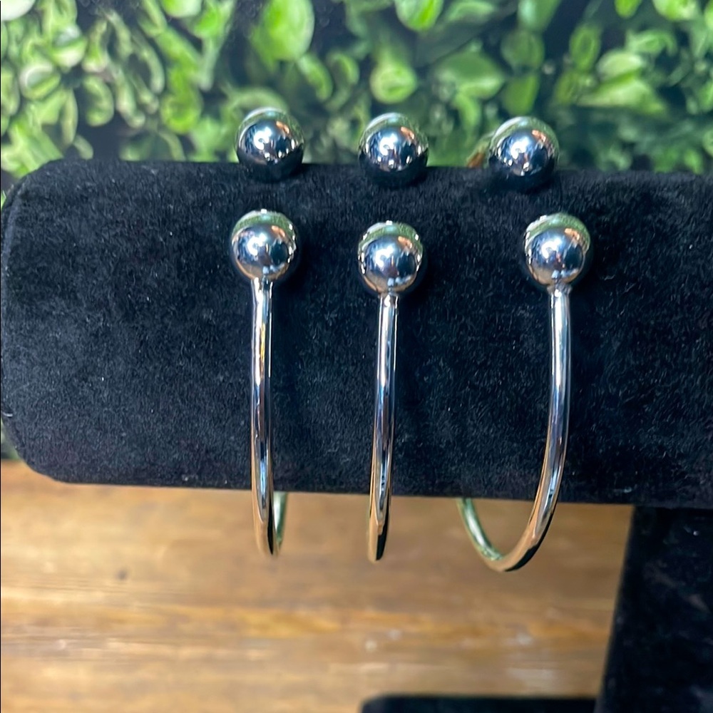 Elegant Silver Ball Cuff Bangle Bracelet Set Of 3
